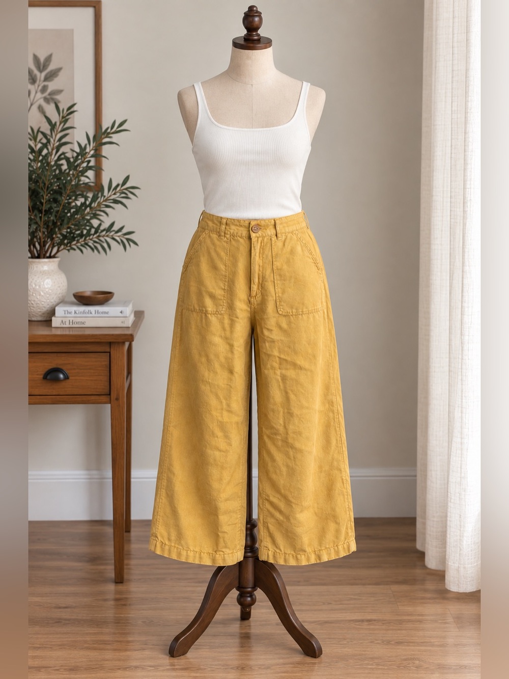 Rip Curl Mustard Linen Blend Wide Leg Pants Small Coastal Boho High Rise